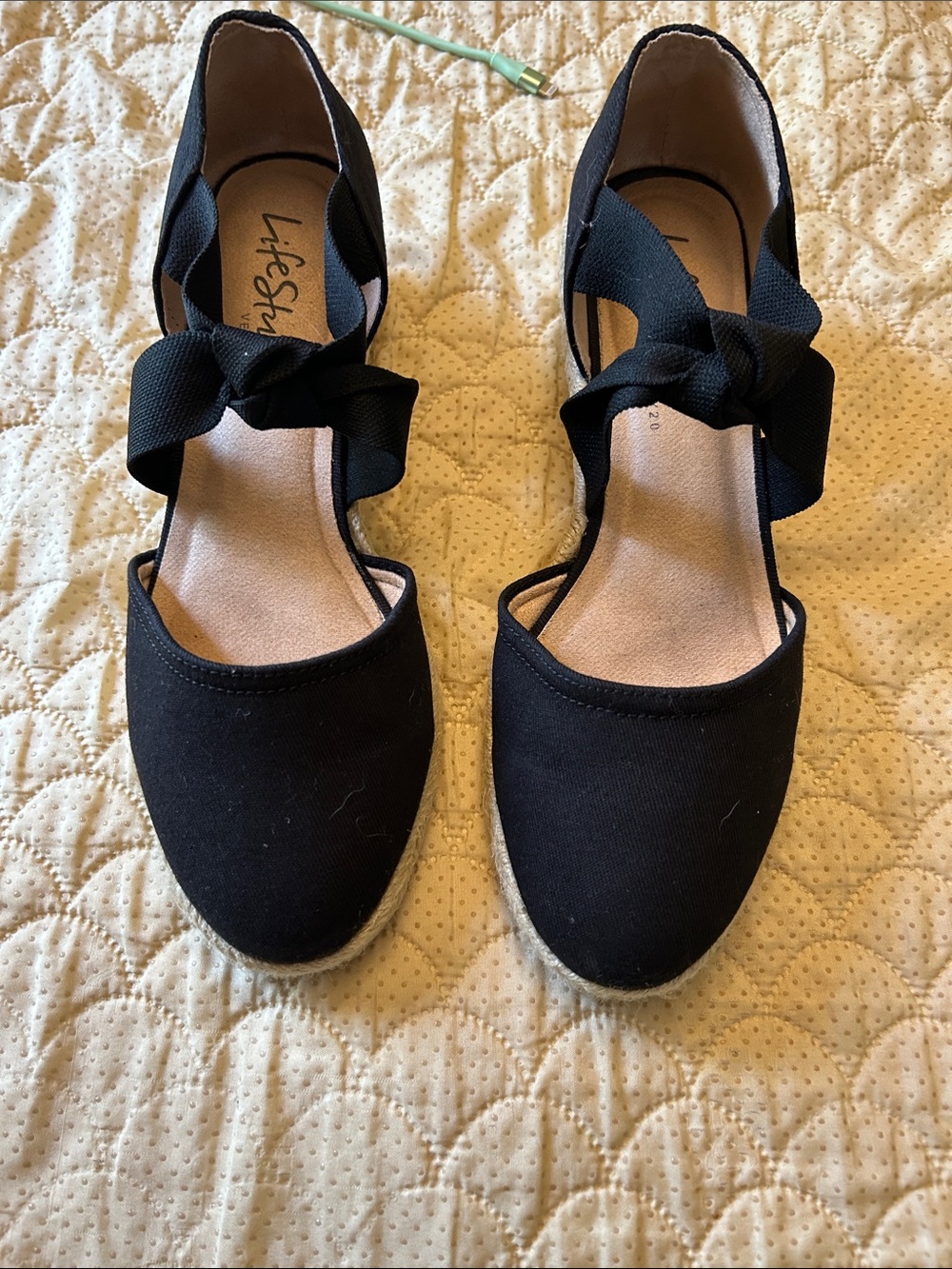 Life Stride Black Canvas Espadrille Wedge with Knot Ankle Tie